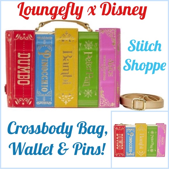 LOUNGEFLY STITCH SHOPPE DISNEY CLASSIC BOOKS CROSSBODY BAG, WALLET, LT. ED. PINS - Picture 1 of 15